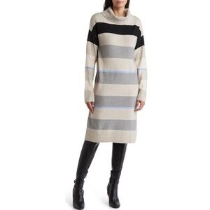 Elegant Striped Turtleneck Sweater Dress - Black, Gray, Cream